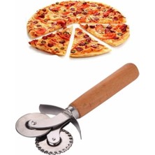 Pizza ve Hamur Kesici – Ahşap Saplı Çift Bıçaklı Paslanmaz Çelik, Düz ve Tırtıklı Bıç