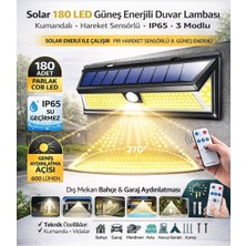 Solar 180 LED Güneş Enerjili Duvar Lambası, Kumandalı, Hareket Sensörlü, IP65 Su Geçirmez, 3