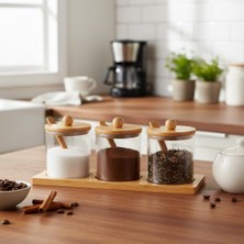 Bambu Standlı 3'lü Cam Baharatlık, Borasilikat, Baharat Seti - Şık ve Fonksiyonel Bambu Standl�