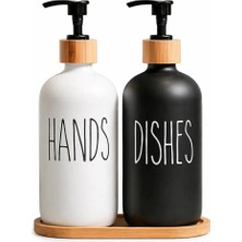 2'li Hands Dishes Siyah Beyaz Cam Sıvı Sabunluk Seti 500 Ml, Bambu Standlı Dekoratif Mutfak &amp;