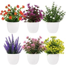 Nettenevime 6lı Set Yapay Çiçek Beyaz Saksıda 6 Çeşit Renkli Çiçekler