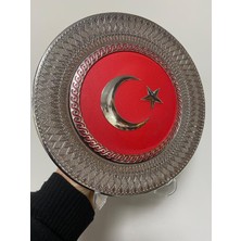 Türk Bayrağı Dekoratif Tabak, Gümüş Rengi Desenli Çerçeve, Kırmızı Ay Yıldız Motifli, 2