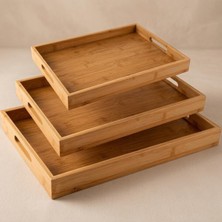 Bambu Servis Tepsisi Seti, Doğal Ahşap, 3'lü Set, Küçük-Orta-Büyük, Kahvaltı ve Sunum Için