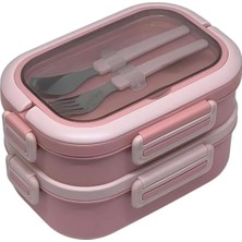 Bento 1650ML Lunchbox 2 Katlı 3 Bölmeli Paslanmaz Çelik Sefer Tası Yemek Kutusu (Pembe)