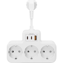 Voltaj Korumalı Priz Duvar Tipi Kısa Kablolu Priz Çoğaltıcı 3x Soket 2x Type-C 1x USB 16A 3680