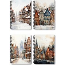 Giftkonsept Rustik Kış Şehirleri Tasarımlı Spiralli Defter Seti, 4'lü Paket, 100 Sayfa, Karton