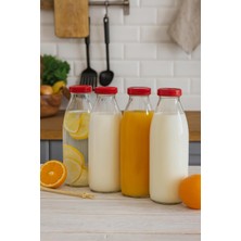 4 Adet 1 Litre Şeffaf Sürahi Süt, Ayran, Su, Limonata, Meşrubat Şişesi Plastik Kapaklı Cam Ş