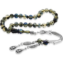 Ateş Kehribar Tesbih - Kararmaz Metal Su Damlası Püsküllü - Bilek Boy - Bonibon Renkli - Küre