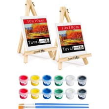 Mini Şövale 10X10 cm Tuval 3 ml Akrilik Boya 6 Renk ve Fırça 2 Adet 10X10 Mini Tuval Masaüstü