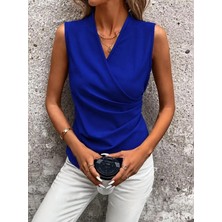 Defy Moda Kadın Kolsuz Kruvaze Yakalı Ithal Krep Bluz
