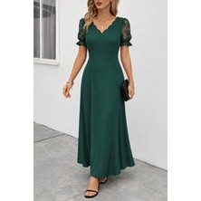 Defy Moda Kadın Kısa Kollu V Yakalı Uzun Janjan Elbise