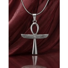 Voyage Accessory Paslanmaz Çelik Gümüşrenk Antik Mısır Tanrıça Isis Kanat Detaylı Yaşam Anahtarı Ankh Kolye