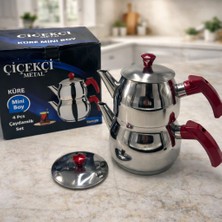Çiçekçi Çiçekci Mini Boy Çelik Çaydanlık Takımı 0.75 + 1.35 Lt Kendinden Süzgeçli Küre Model Çift Kapaklı