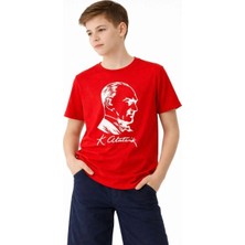 İlk El Grup Erkek Çocuk Atatürk Baskılı Tişört Kısa Kollu Bisiklet Yaka T-Shirt - Kırmızı