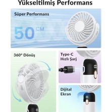 Maxi Trendy Warmco K70 Taşınabilir Şarjlı El Vantilatörü 2400MAH 360° Döner Başlıklı Standlı Dijital Ekranlı Soğutucu Fan Beyaz