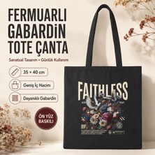 Tişört Kodu Faithless Çiçek ve Güvercin Baskılı Siyah Fermuarlı Gabardin Tote Çanta