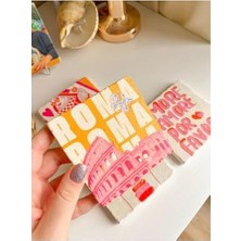 Maxi Trendy Modern Art Tasarımlı Bardak Altlığı Roma, Pembe ve Turuncu Kolezyum, Iskambil ve Motto Temalı