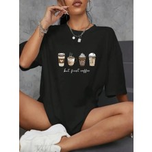 İlk El Grup Kadın Kahve Desen Baskılı Tişört Kısa Kol Bisiklet Yaka Oversize T-Shirt - Siyah
