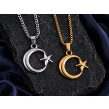 Voyage Accessory Paslanmaz Çelik Minimal Tasarım Gold & Gümüş Renk Seçenekli Türk Bayrağı Sembol Ay Yıldız Kolye