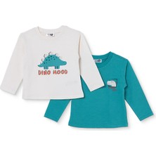 Hellobaby Erkek Bebek 2li Tişört Dinozor Baskılı Bisiklet Yaka Long Sleeve