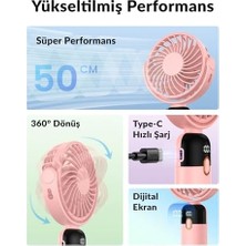 Maxi Trendy Warmco K70 Taşınabilir Şarjlı El Vantilatörü 2400MAH 360° Döner Başlıklı ve Standlı Dijital Ekranlı Soğutucu Fan Pembe