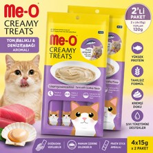 ‎Me-O Me-O Creamy Treats Ton Balıklı ve Deniz Tarağı Aromalı Sıvı Kedi Ödül Maması 4X15 G (2'li Paket)