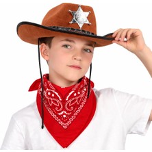 Çocuk Kovboy Şapka Rozetli Kahverengi ve Kırmızı Bandana Seti