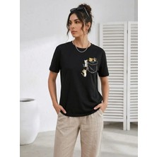 İkales Ikales Sevimli Kedi Cep Baskılı Tişört Kısa Kol Yazlık T-Shirt - Siyah