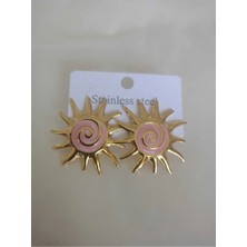 İnci Çelik Aksesuar Pembe Mineli Güneş Çelik Küpe
