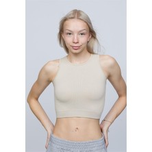 Obje Kadın Krem Fitilli Orta Boy Sporcu Crop