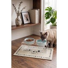 GOBYPET Mavi Dekoratif 2'li Seramik Pleksi Mama & Su Kabı + Kedi Paspası Ergonomik Tasarım
