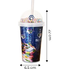 Akn El Yakmaz Çift Katmanlı Neon Kedi Desenli Işıltılı Pipetli Bardak 600 Ml–eğlenceli Içecek Bardağı