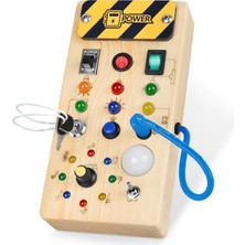 Vemed Montessori Ahşap LED Işıklı Power Busy Board + Mavi Dinozor 8 Sayfa Keçe Busy Board Aktivite Eğitim Seti