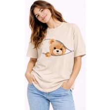 Nevermind Fermuarlı Ayıcık Baskılı Sevimli Teddy Bear Baskılı Pamuk Kadın Oversize Tişört