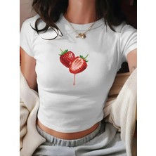 NEVERMIND Kadın Crop Baby Tee Çilek Baskılı Dar Kesim %100 Pamuk Y2K Estetik Tişört