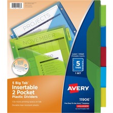 Avery Big Tab 11906 Plastik Ayırma Sayfası, 2 Bölmeli, 5 Çok Renkli Ayırıcı, 24 Set