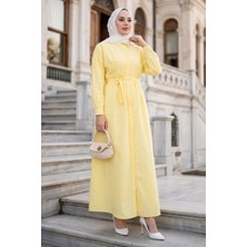 Hafsa Mina Eliz Düğmeli Pensli Kuşaklı Elbise Sarı HM2944