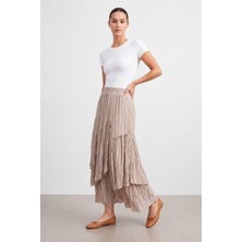 Bihan Store Kat Kat Asimetrik Fırfırlı Büzgülü Maxi Etek Y26-18299-KOYU Bej