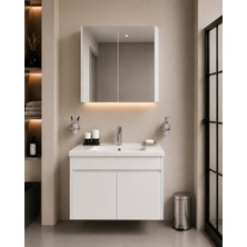 Demezler Mobilya MODERN80 cm Beyaz Mdf Hilton Banyo Dolabı Takımı Aynalı Seramik Lavabolu Alt ve Üst Dolap
