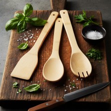 Delixa 3'lü Bambu Mutfak Gereç Seti – Doğal Spatula, Kaşık ve Servis Çatalı | Yapışmaz Tencere Dostu, Antib