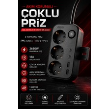 Merwish Akım Korumalı 3'lü Topraklı Priz 2 Usb-A 2 Type-C 3680W 16A Anahtarlı Duvara Monte Edilebilir Çoçuk Korumalı