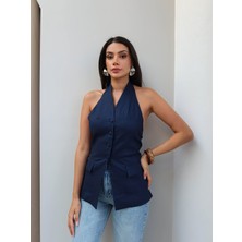 Esra Helvacı Halter Yaka Cep Görünümlü Keten Yelek