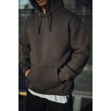Tarz Yeri Erkek 3 İplik Pamuklu Kapüşonlu Basic SweatShirt Hoodie - Füme