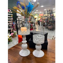 Sedosh Home Vision Işlemeli 2'li Beyaz Metal Camlı Şamdan Mumluk Seti - 32,5 cm / 25 cm