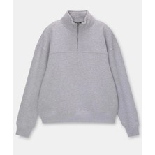 Oversize Yarım Farmuarlı Yakalı Basic Sweatshirt - Gri