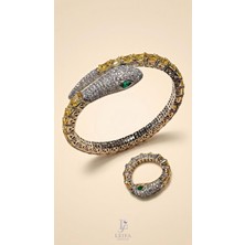 Leifa Jewelry Leıfa Lamia Yılan Bileklik & Yüzük Seti – 925 Ayar Gümüş, 18 Ayar Altın Kaplama, Sitrin Taşlı