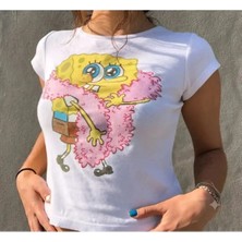 Moonstyle Collection Beyaz Sünger Bob Pinterest Basic Crop T-Shirt