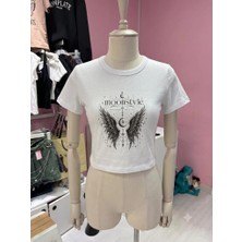 Moonstyle Collection Beyaz Moonstyle Melek Kanat Baskılı Crop