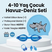 LRS Store Yüksek Kalite Çocuk Silikon Bone Gözlük Seti 4-10 Yaş Pro Çocuk Havuz-Deniz Yüzme Bonesi +Burun Kulak Tıkacı