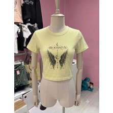 Moonstyle Collection Sarı Moonstyle Melek Kanat Baskılı Crop